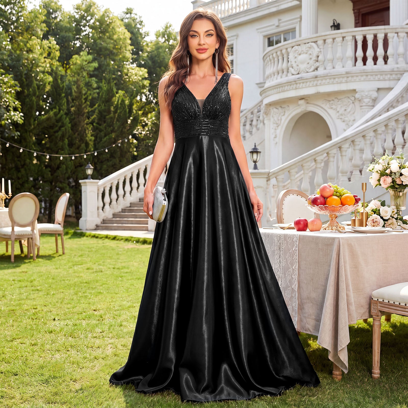 Sequin Embroidered Belted V-Neck Backless Maxi Ball Gown