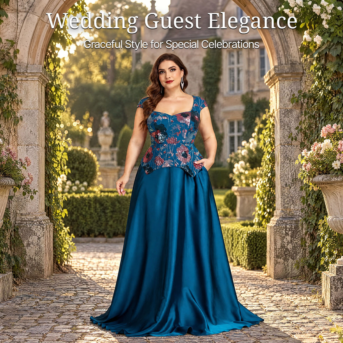 Woman wearing a teal blue floral embroidered formal gown at an elegant outdoor event