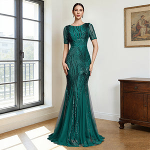 sequin patchwork mesh mermaid maxi dress for women full length on model