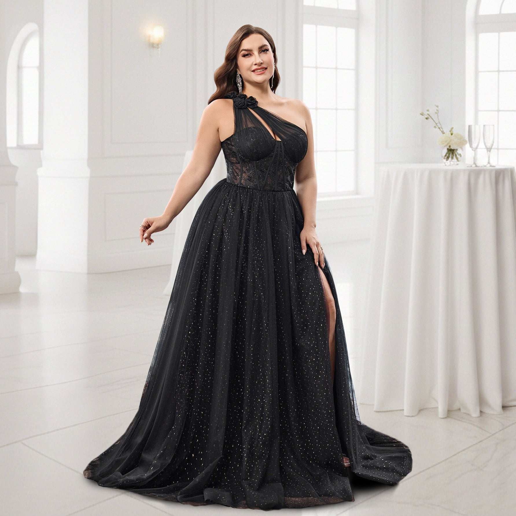 Black Plus Size One Shoulder Sparkly Tulle Formal Gown Corset Long Party Dress