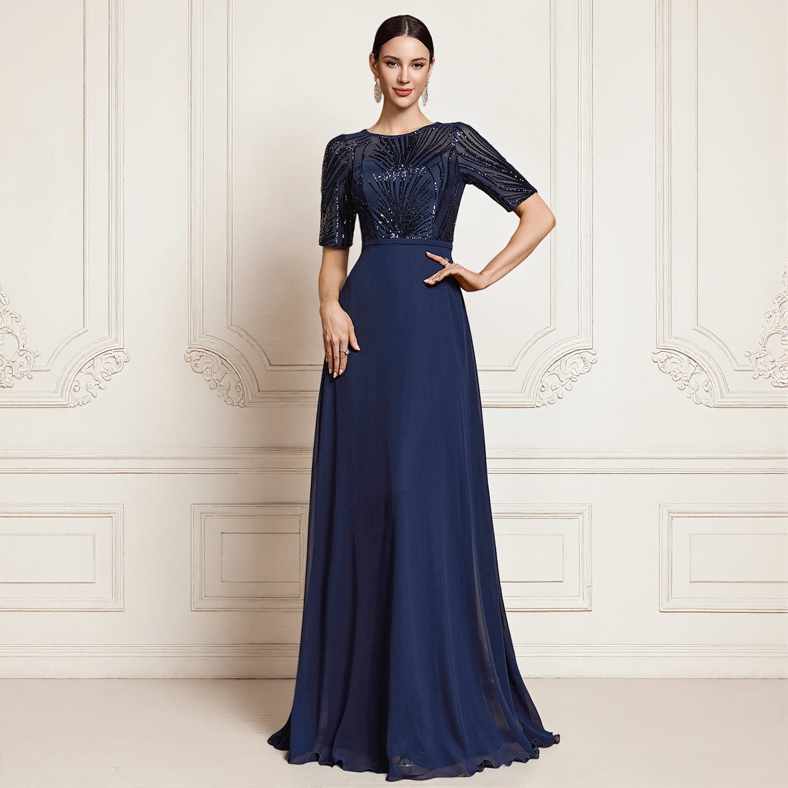 Sequin Embroidery Crew Neck Mid-Sleeve A-Line Maxi Eveing Dress
