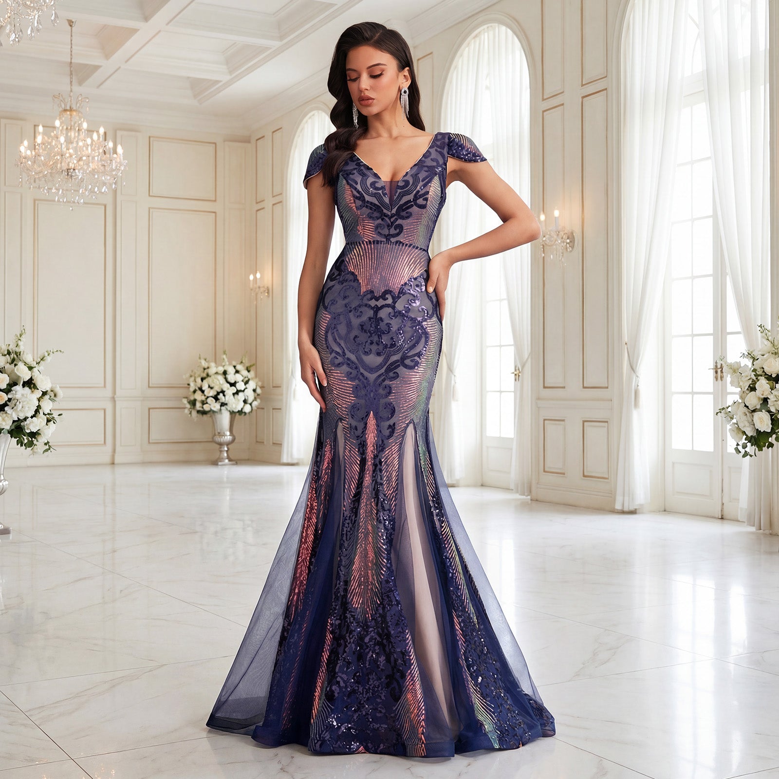Sequin Embroidered Mesh Cap Sleeve V-Neck V-Back Mermaid Maxi Evening Dress
