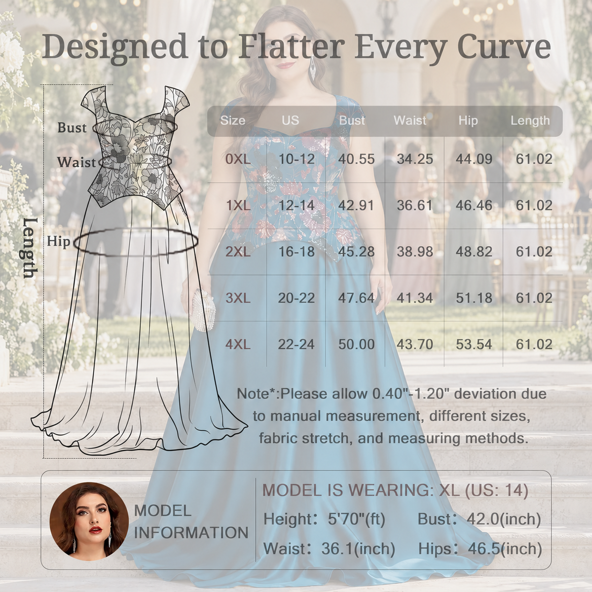 Design feature infographic of a teal blue floral embroidered evening dress showing the bodice and flowing skirt