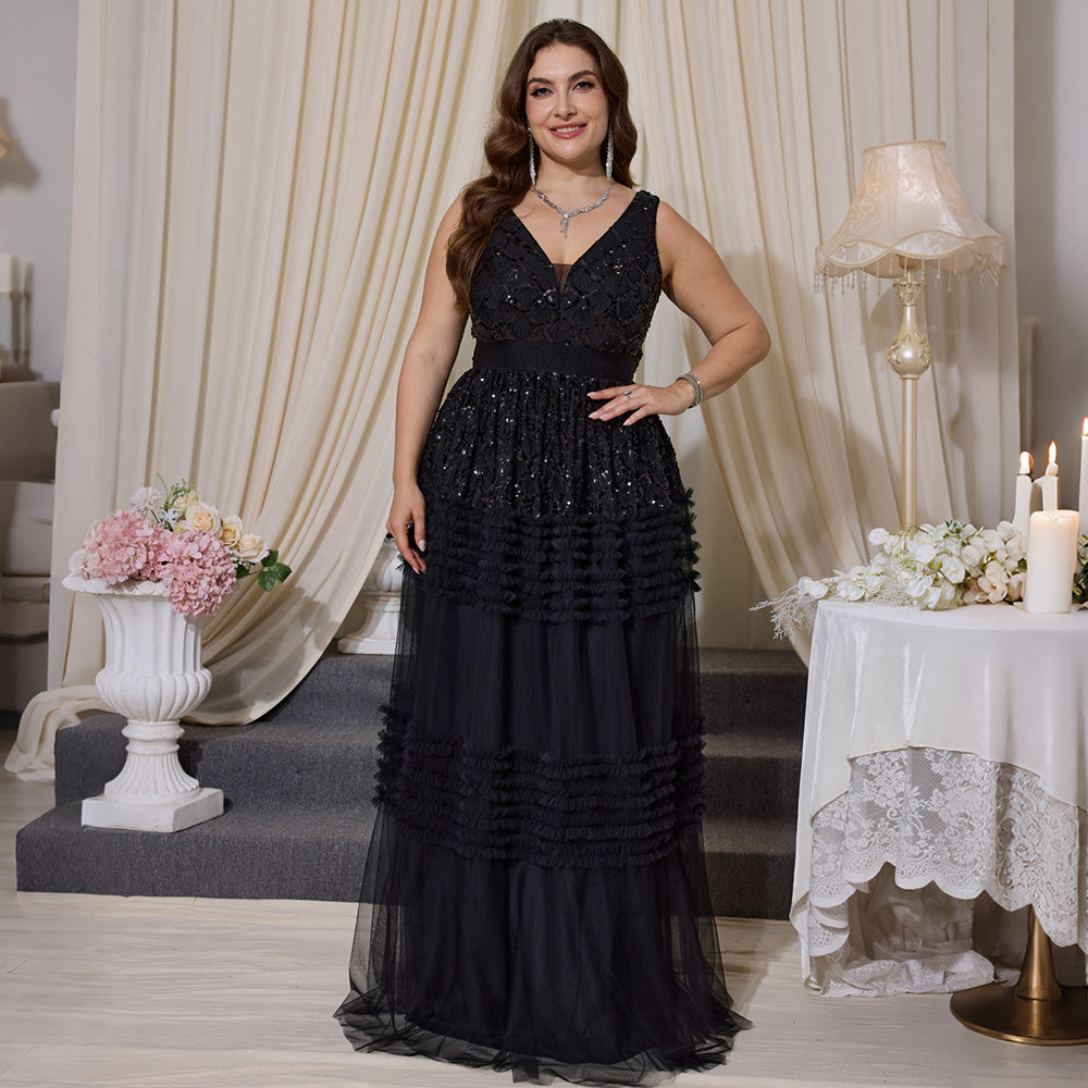 Black sequin evening gown curvy fit formal event setting
