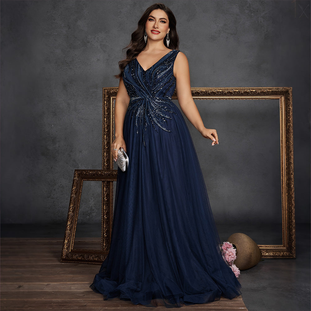 Curvy Navy Sequin V-Neck A-Line Tulle Evening Gown | Plus Size Floor Length Formal Dress