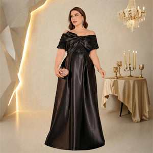 off-shoulder satin formal gown for women full length on model