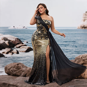 gold black sequin mermaid gown for women side profile view on model