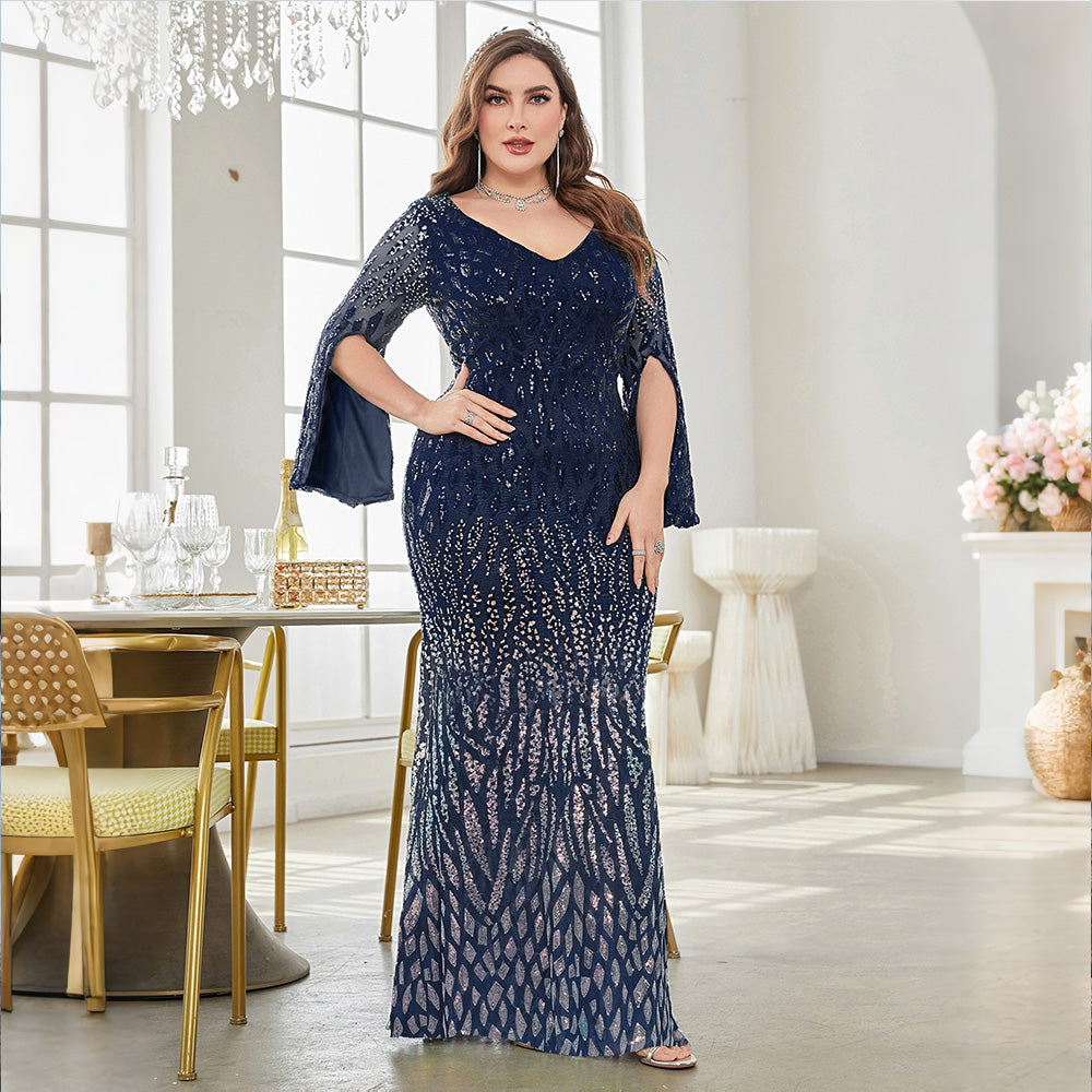 Curvy Fit Sequin Mermaid Formal Dress Split Bell Sleeve V Neck Long Evening Gown