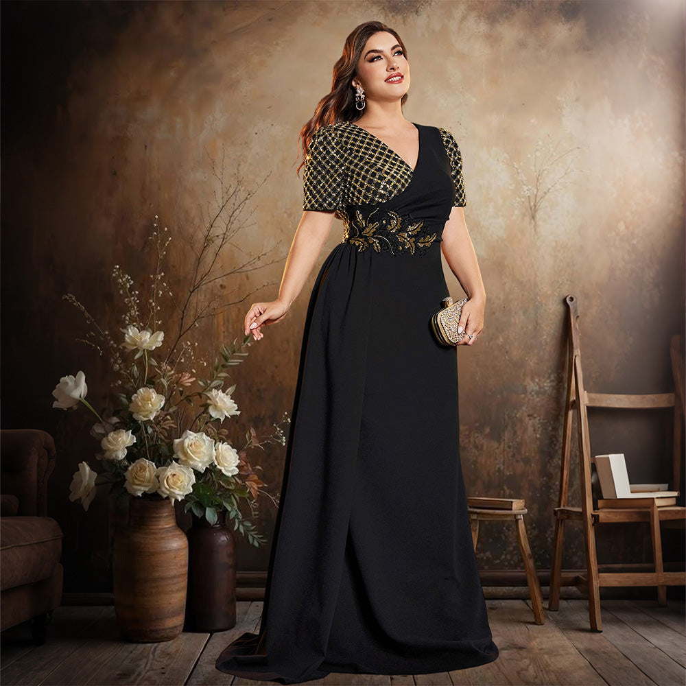 Black Gold Sequin Sleeve Plus Size Mermaid Formal Gown V Neck Slit Evening Dress