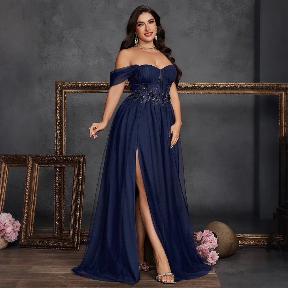 Off Shoulder Plus Size Tulle Evening Dress Teal Hand Beaded Lace High Slit Prom Maxi Gown