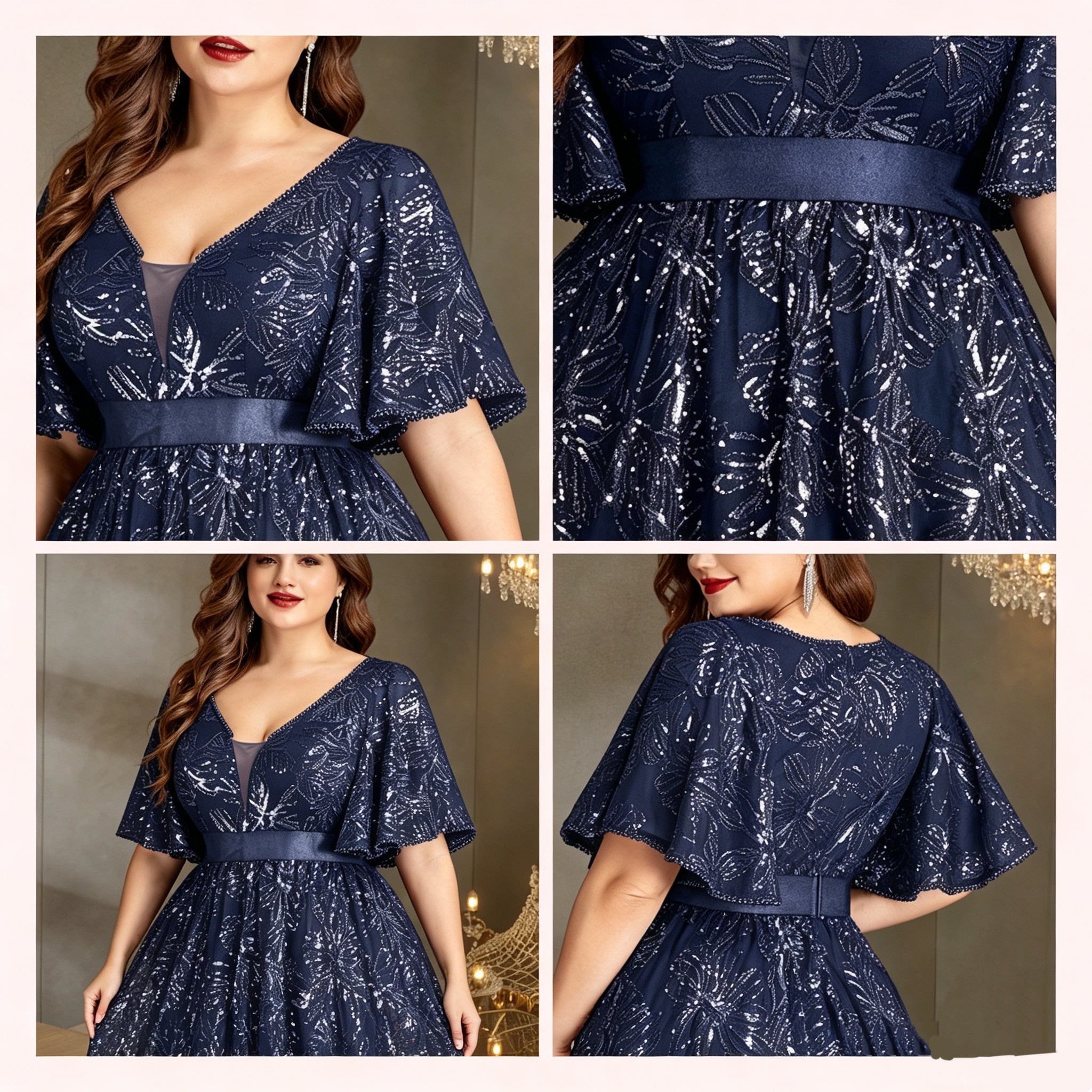 navy floral sequin gown for women fabric and detail close-up