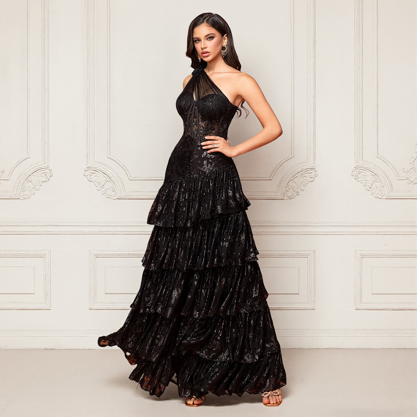 Sequin Embroidery One-Shoulder Tiered High-Slit Maxi Evening Gown