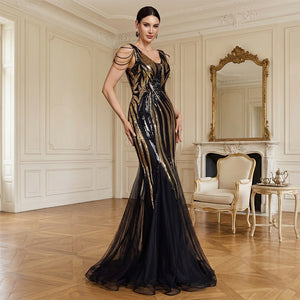 beaded sequin v-neck v-back mermaid gown for women side profile view on model