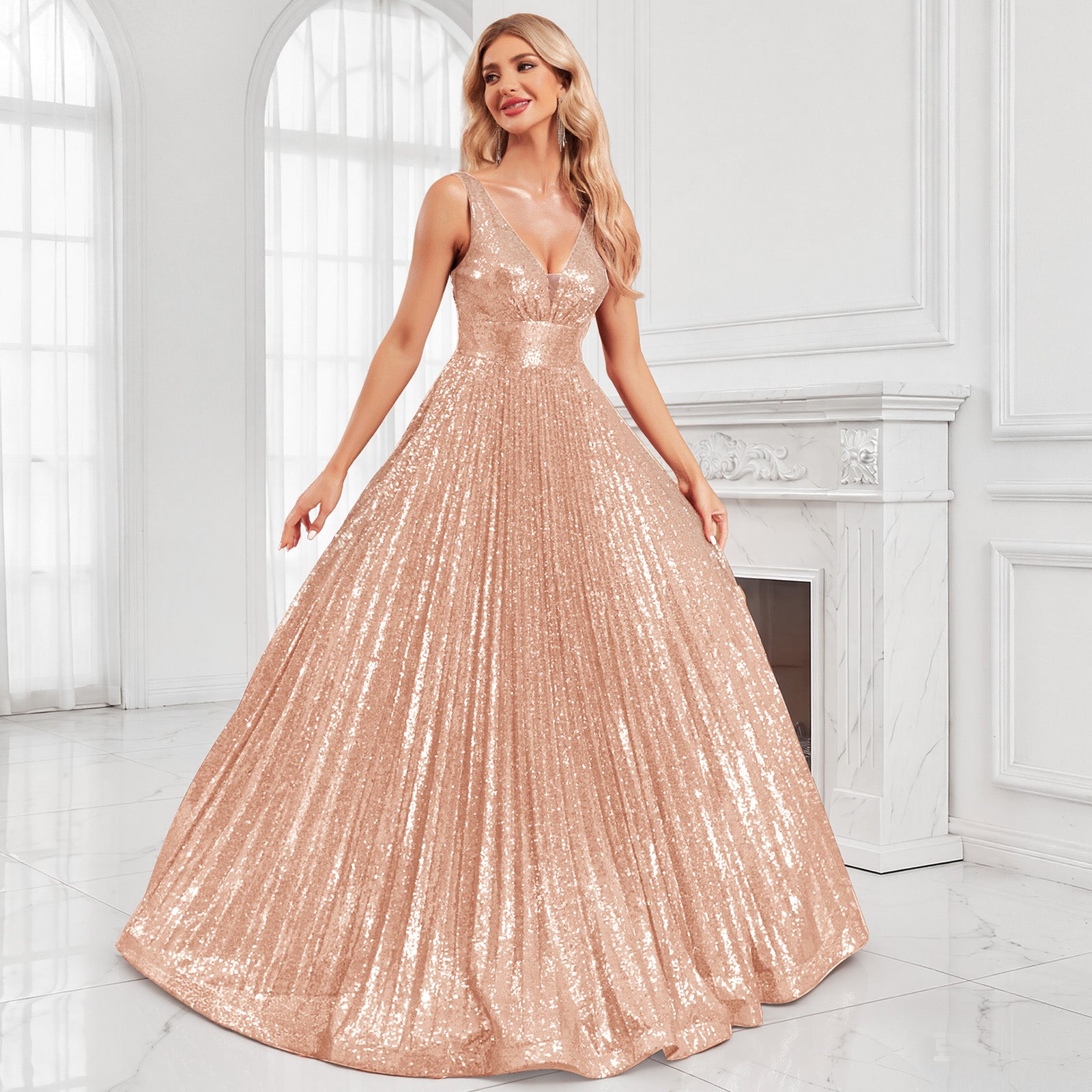 sequin v-neck v-back a-line maxi dress for women full length on model
