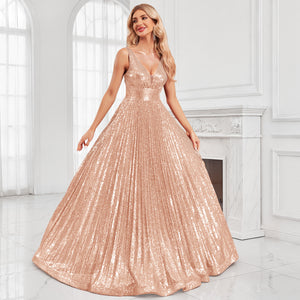 sequin v-neck v-back a-line maxi dress for women full length on model
