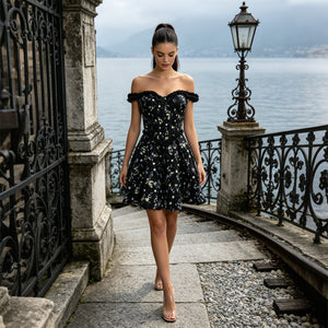 black off-shoulder 3d floral corset mini for women full length on model