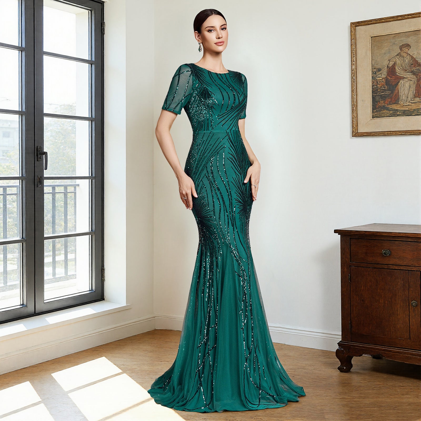 sequin patchwork mesh mermaid maxi dress for women side profile view on model