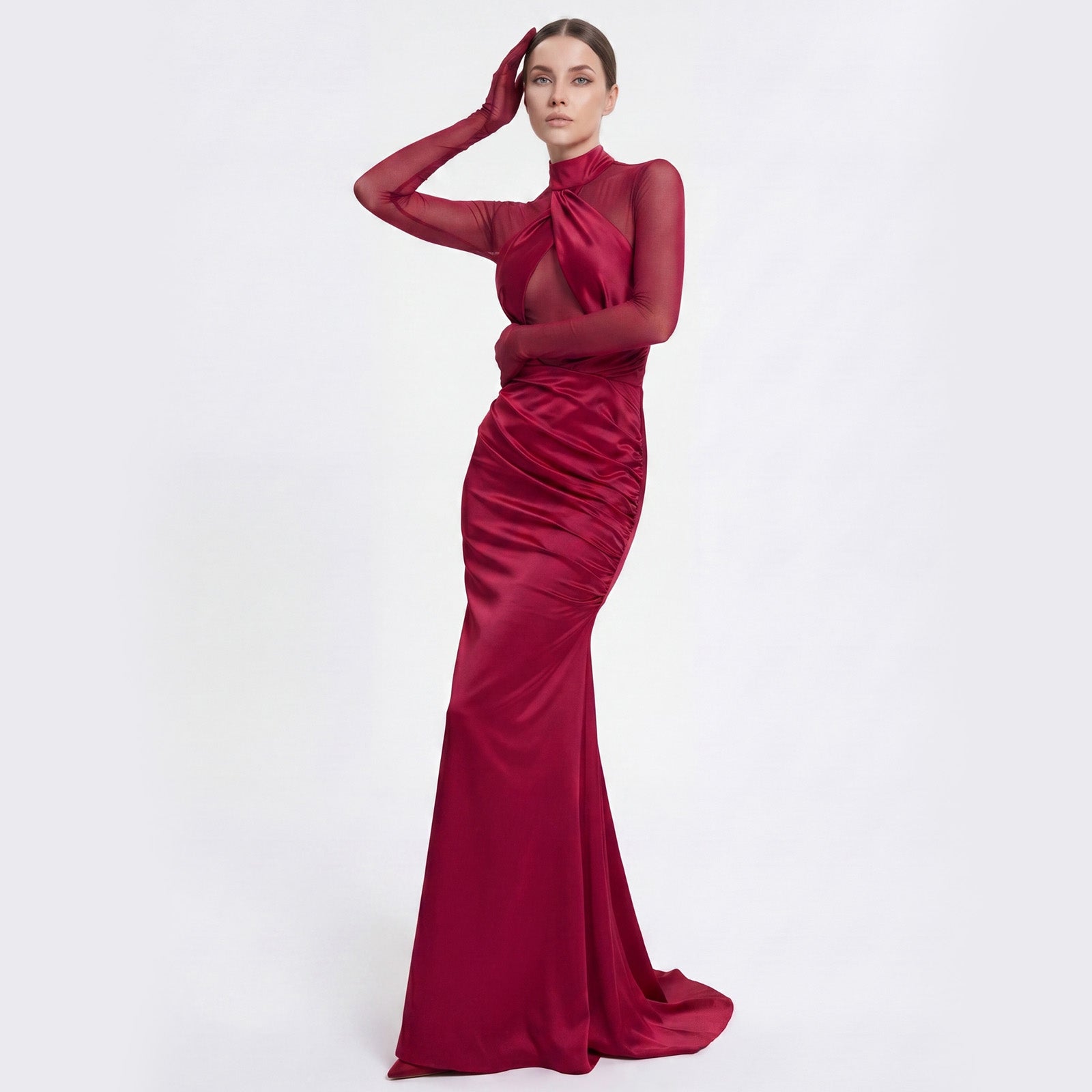 Burgundy Mesh Sleeve Satin Mermaid Evening Gown