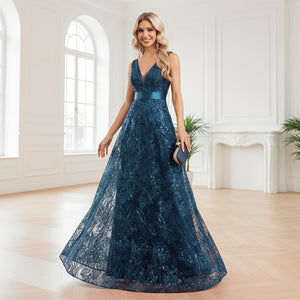 Sequin embroidered ball gown side profile view on model