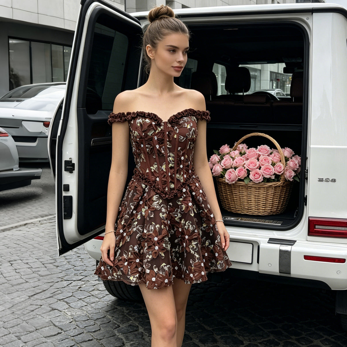 ruffle off-shoulder 3d flower corset mini for women full length on model