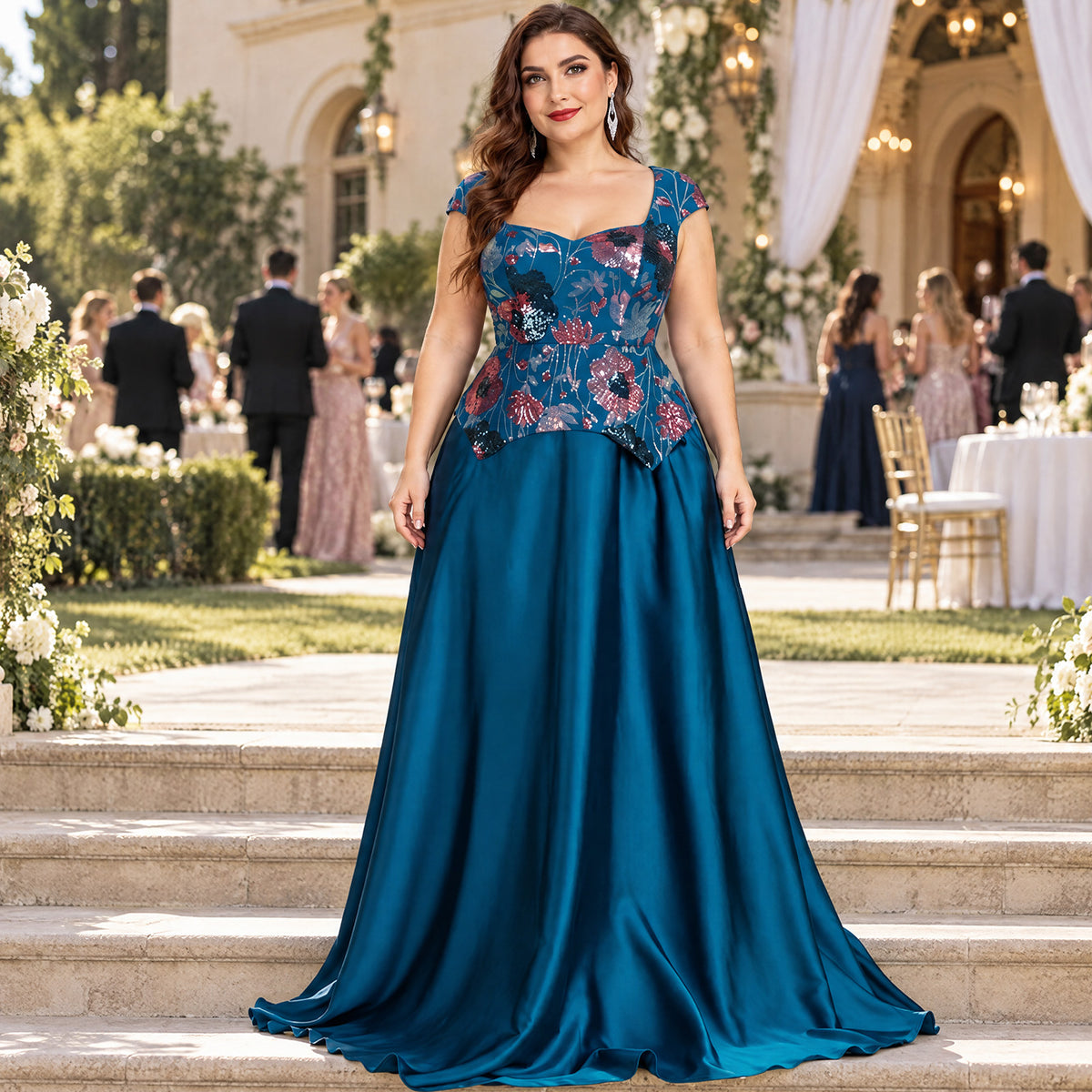 Side view of a teal blue evening gown featuring a flowing skirt and floral embroidered bodice