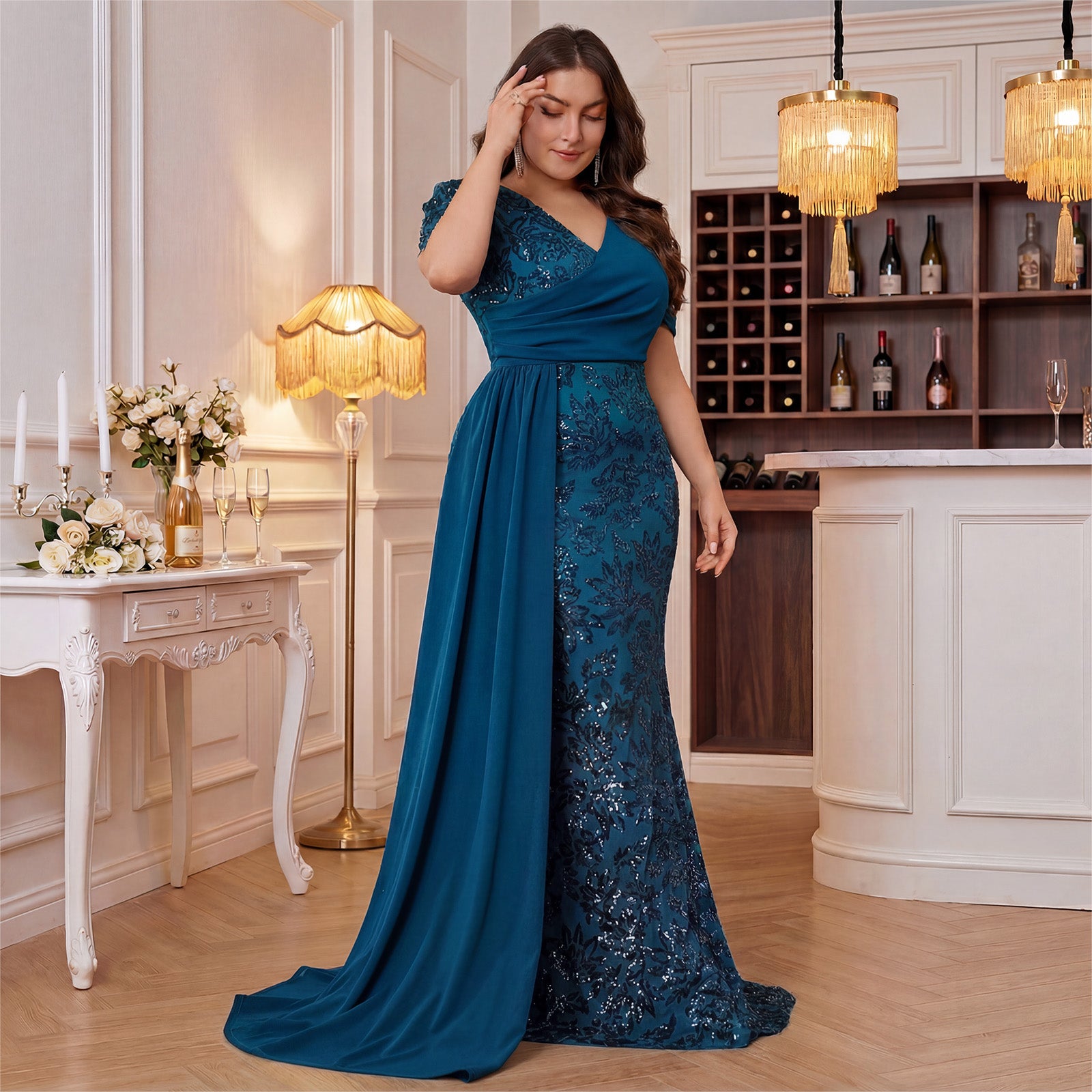 Teal sequin formal dress back view with puff sleeves