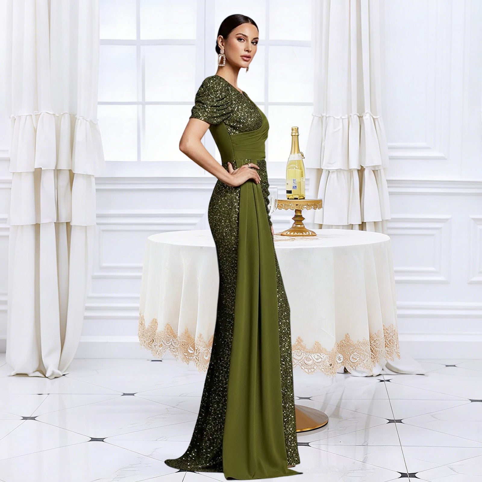 Side Profile of Olive Green Puff Sleeve Sequin Mermaid Gown