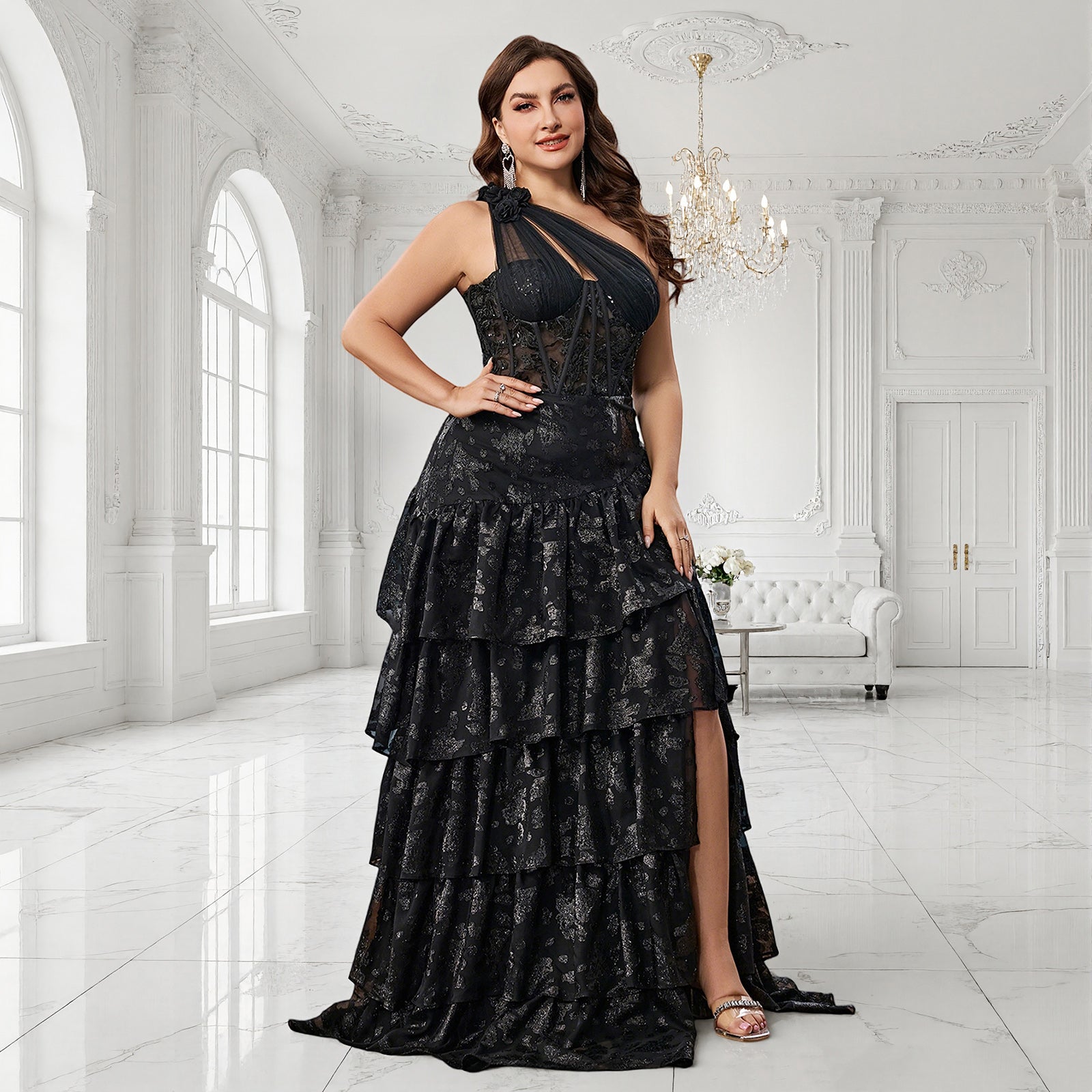 black one-shoulder corset gown for women side profile view on model