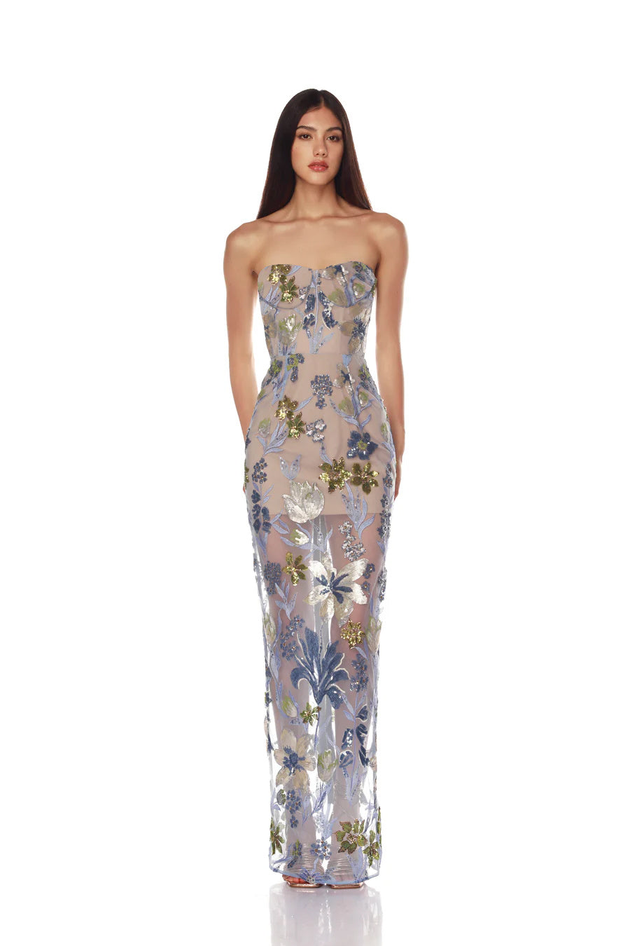 Blue Floral Embroidered Strapless Tulle Maxi Dress
