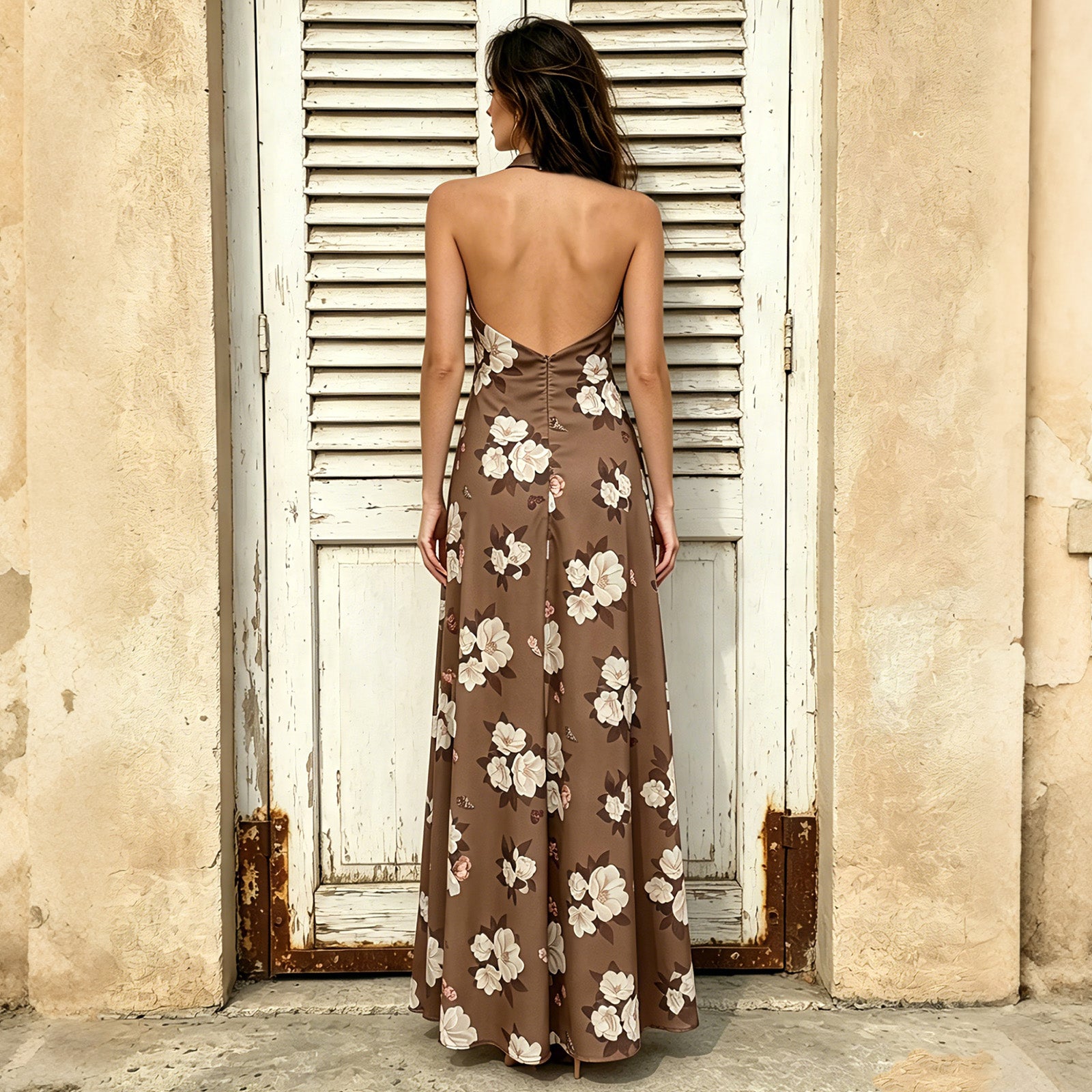 draped floral halter maxi dress for women back view