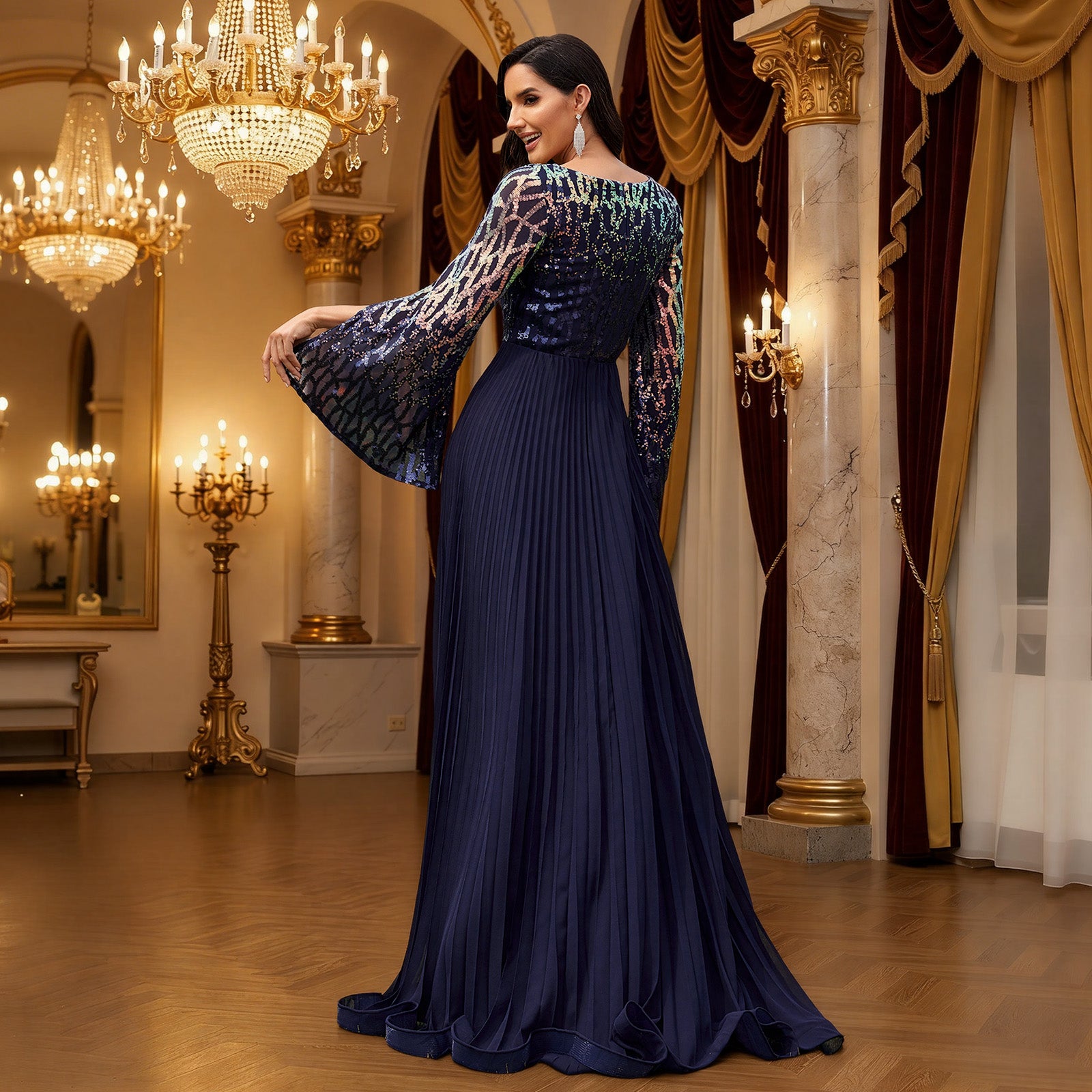 Back View of Navy Blue Pleated Sequin A-Line Formal Dress