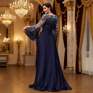 Back View of Navy Blue Pleated Sequin A-Line Formal Dress