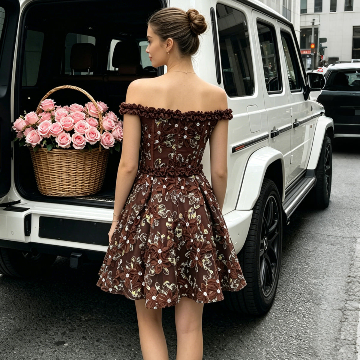 ruffle off-shoulder 3d flower corset mini for women back view