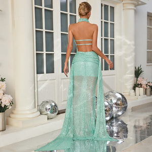 Back View of Mint Green Cutout Halter Formal Gown