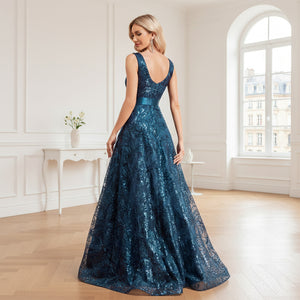 Sequin belted V-neck ball gown back view - open back detail