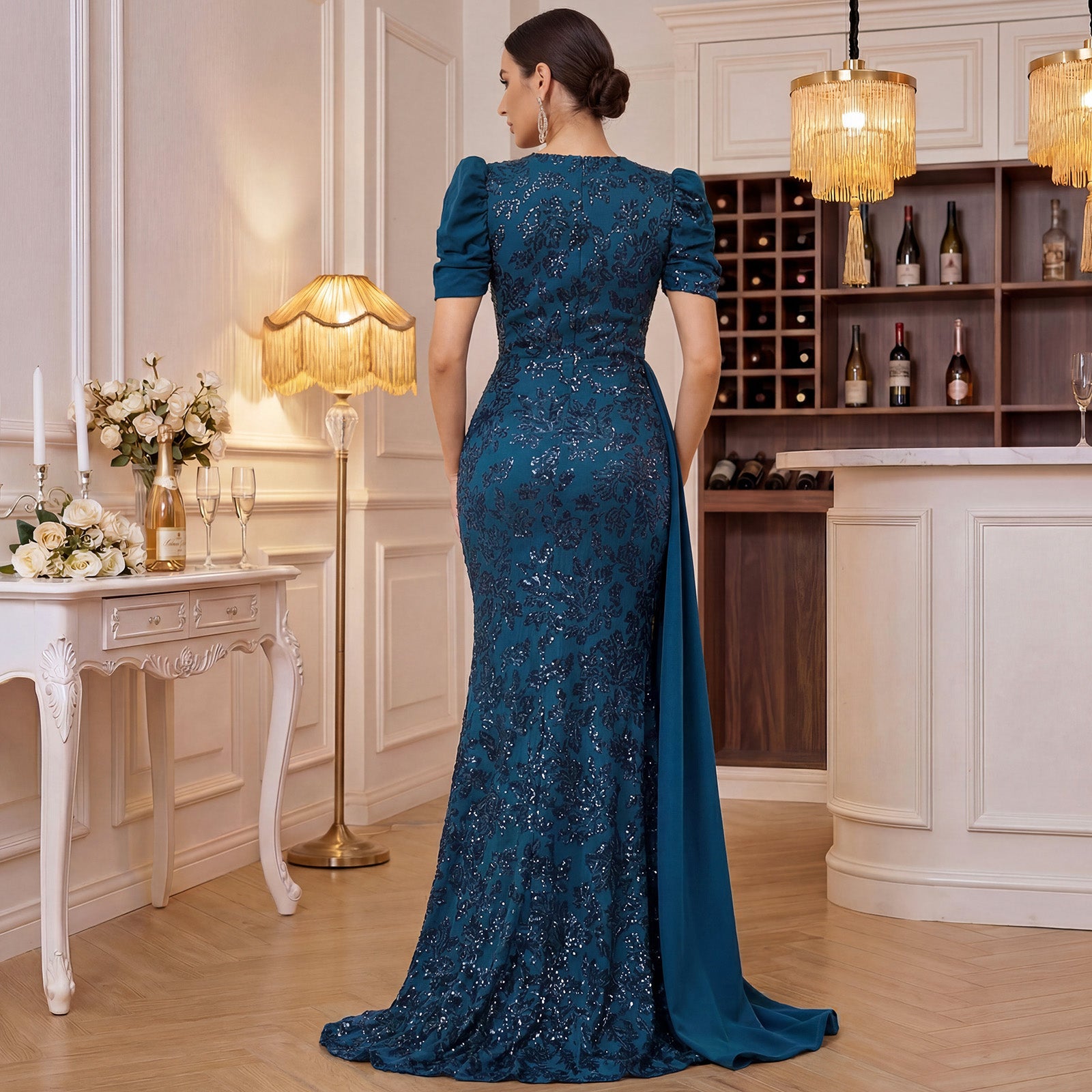 Back view of V-neck sequin evening gown with short sleeve