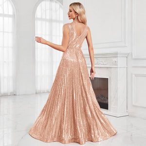 sequin v-neck v-back a-line maxi dress for women back view - v back detail