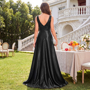 back view black v‑neck backless evening gown sequin belted long formal gown