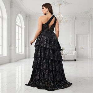 black one-shoulder corset gown for women back view