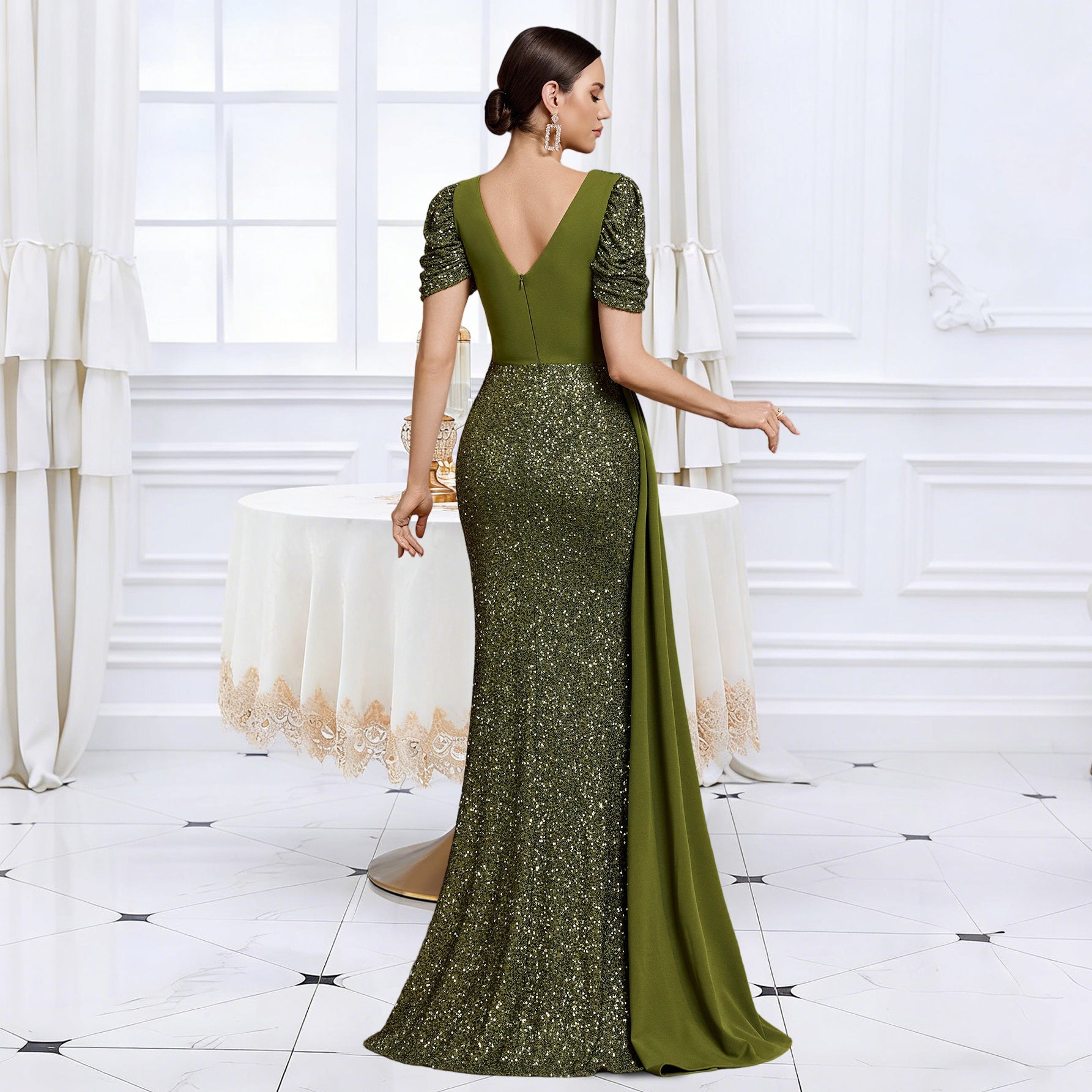 Back View of Olive Green V-Back Sequin High Slit Evening Dress