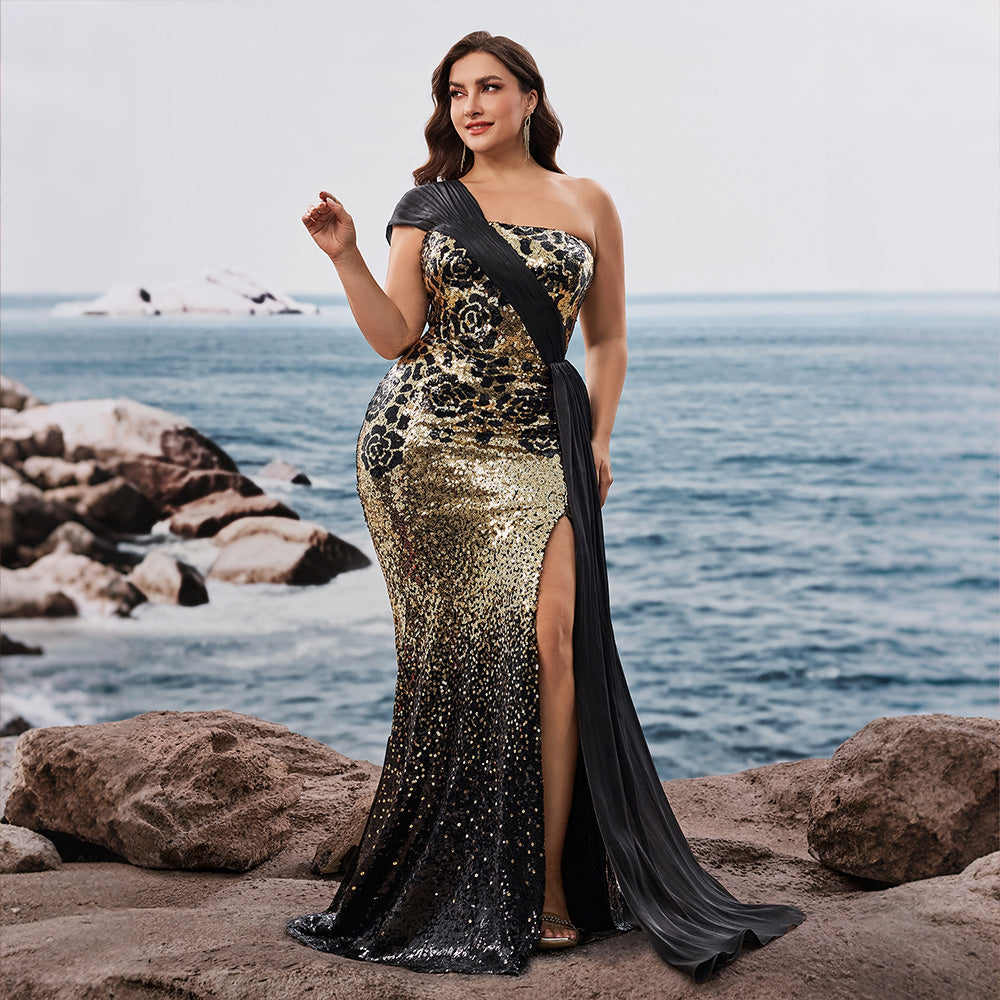 gold black sequin mermaid gown for women full length on model