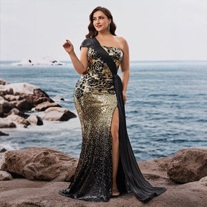 gold black sequin mermaid gown for women full length on model