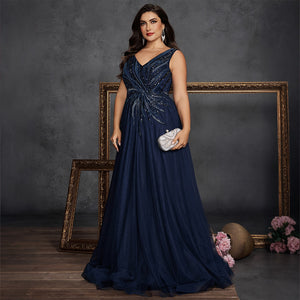 navy sequin a-line gown for women full length on model