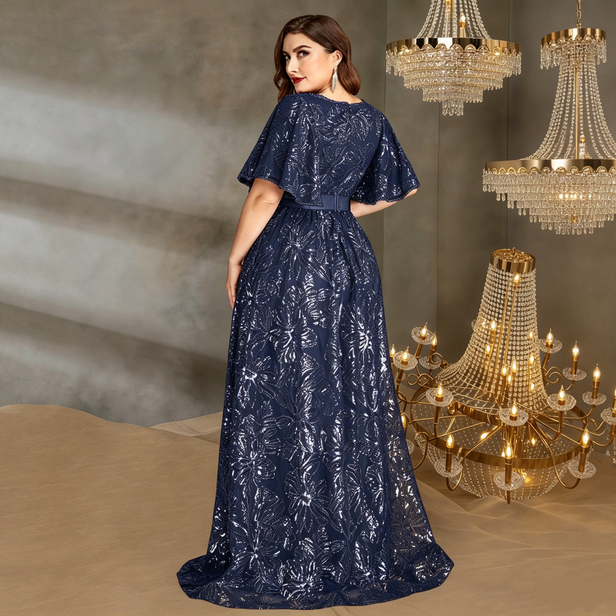 navy floral sequin gown for women back view