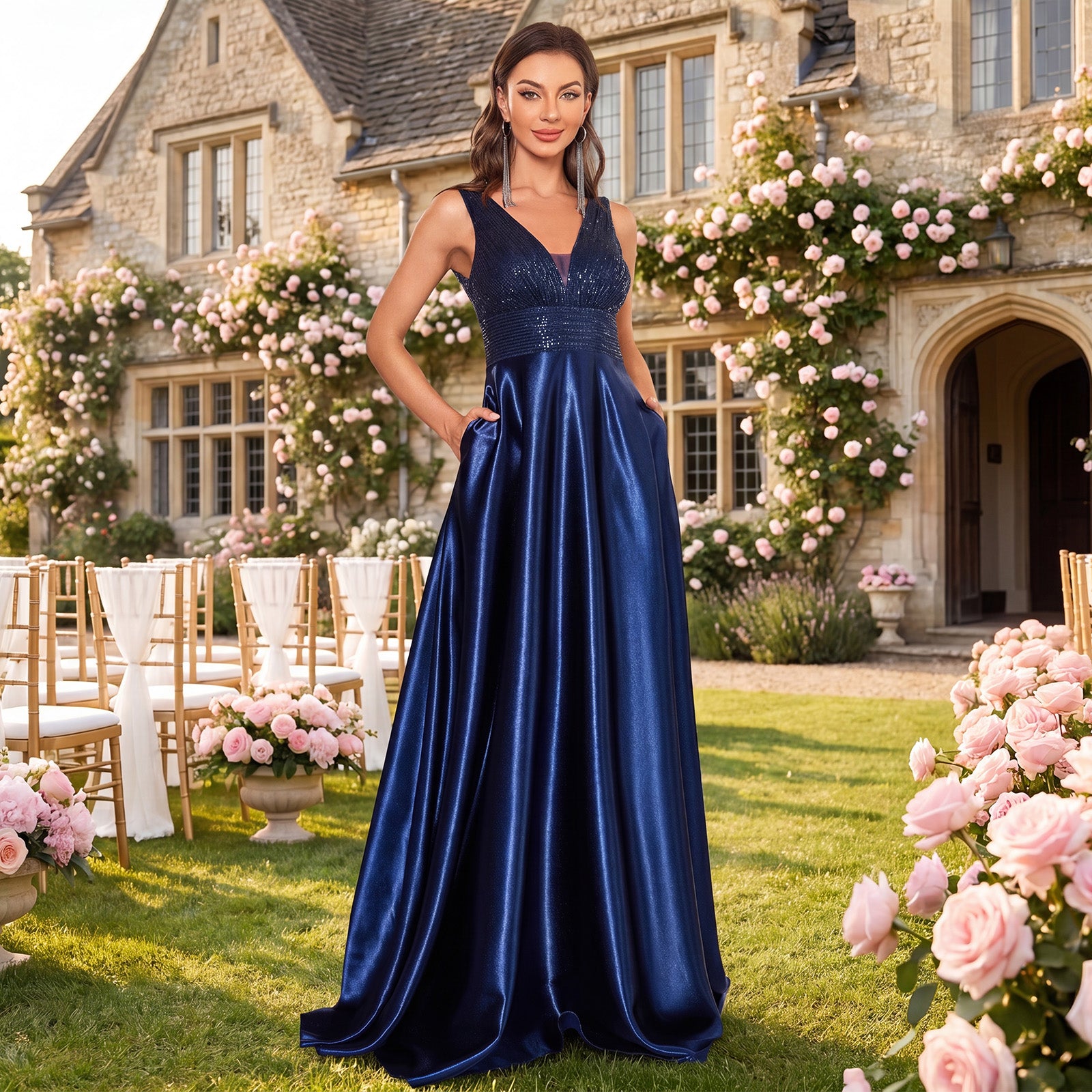 Product details of sequin V-neck bodice, pleated waistline, and hidden pockets