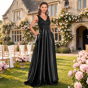 black sequin embroidered v‑neck maxi gown women wedding guest formal dress