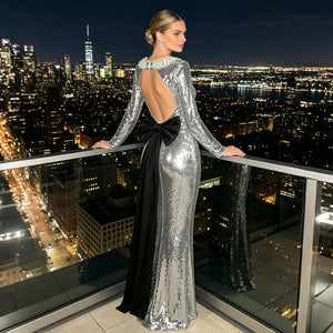 silver sequin pearl beaded mermaid gown for women back view
