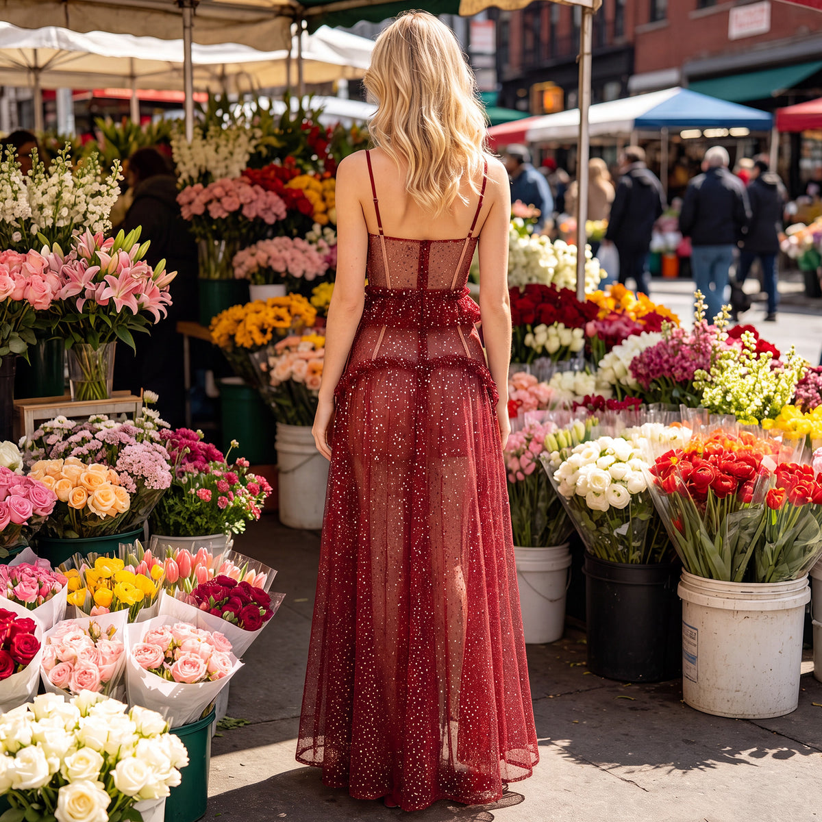 ruffle trim see-through slip dress for women back view