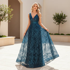 Sequin V-neck ball gown on model for gala evening