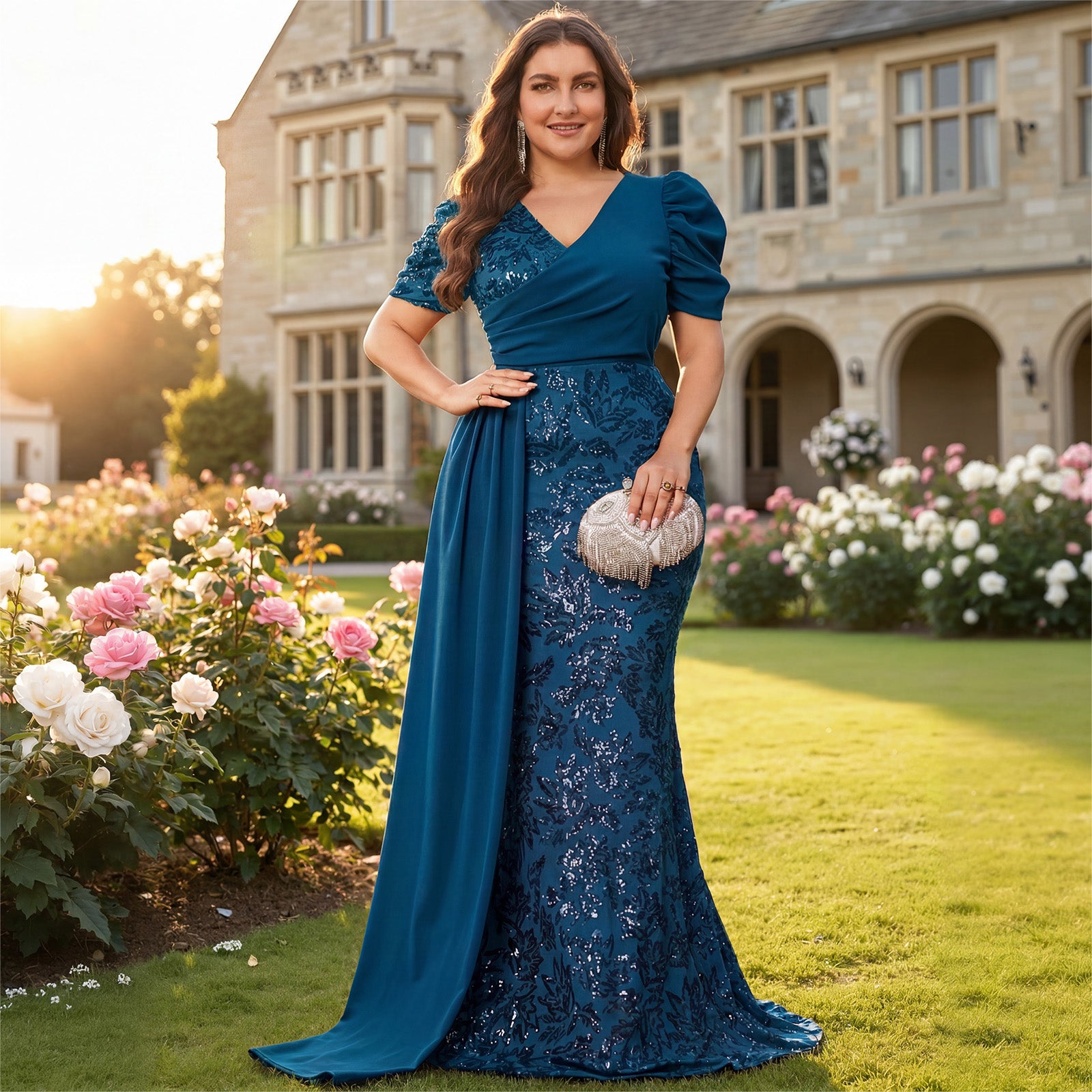 Curvy Plus Size Teal Satin & Sequin Mermaid Evening Dress Puff Sleeve Surplice V Neck Long Formal Mother of the Bride Gown With Drape Side Train